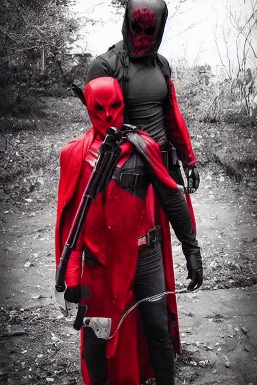 Image similar to red hood cosplay, creepy, disturbing, bloody, darkness, grainy