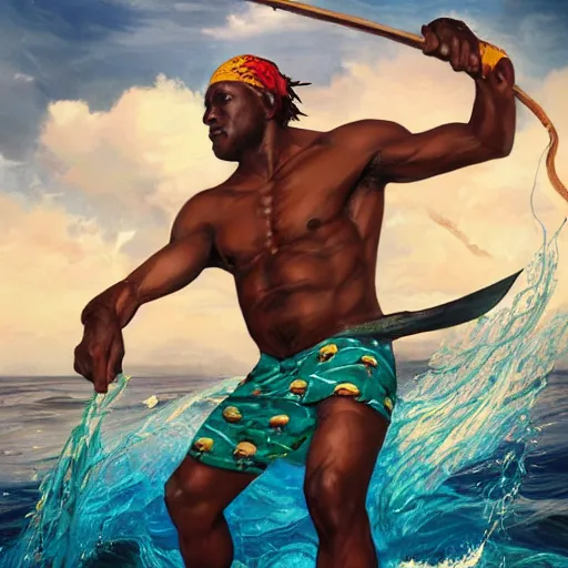 Image similar to Jamaican fisherman wearing calico cloth and posing in a battle stance in the Jamaican sea, style by Ross Tran and Artgerm and Peter Mohrbacher