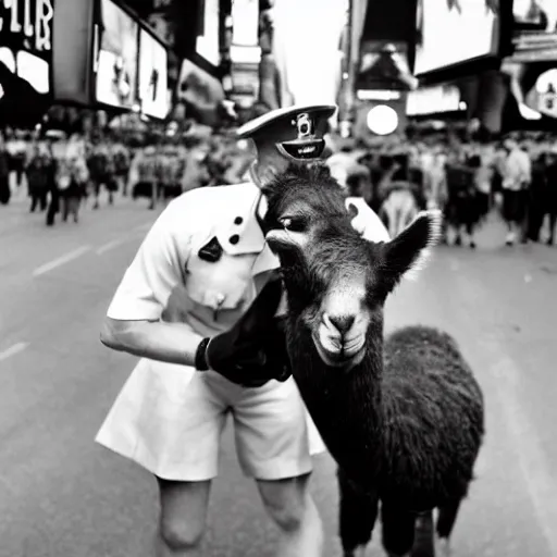 Image similar to black and white flash photograph of a world war 2 - era sailor kissing a llama in times square on vj day in the style of weegee.