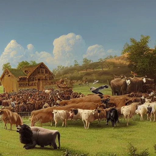 Prompt: an extremely detailed matte painting of the animals leaving noah's ark, dogs, cows, sheep, chickens, ducks, 4 k, noah's ark, antediluvian, by bob ross and norman rockwell