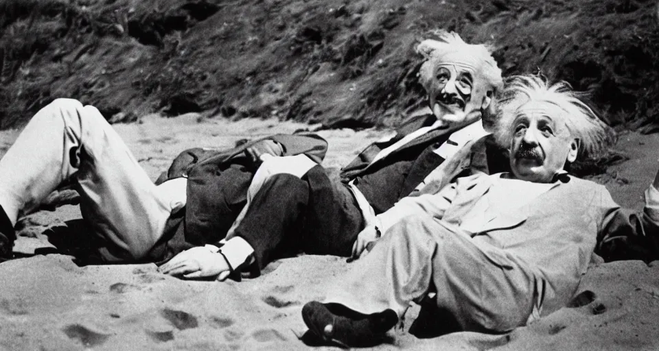 Image similar to Albert Einstein sat on a beach relaxing