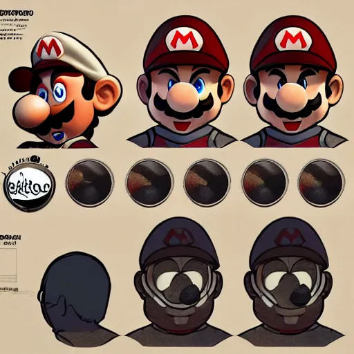 Prompt: mario, character sheet, concept design, contrast, kim jung gi, greg rutkowski, zabrocki, karlkka, jayison devadas, trending on artstation, 8 k, ultra wide angle, pincushion lens effect