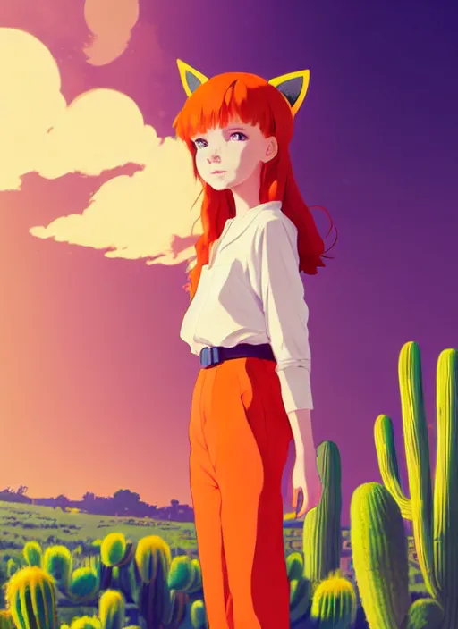 Image similar to portrait of cute redhead girl in orange jumpsuit with fox ears by ilya kuvshinov, holding a cactus, cloudy sky background lush landscape illustration concept art anime key visual trending pixiv fanbox by wlop and greg rutkowski and makoto shinkai and studio ghibli