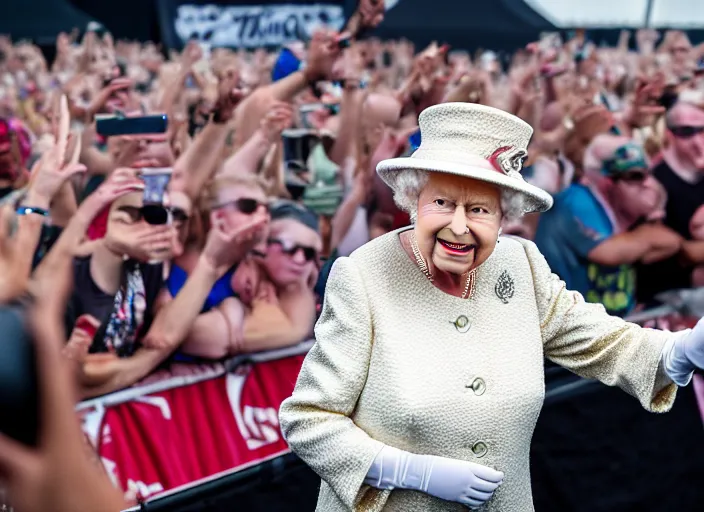 Image similar to photo still of queen elizabeth on stage at vans warped tour!!!!!!!! at age 7 0 years old 7 0 years of age!!!!!!! in the mosh pit, 8 k, 8 5 mm f 1. 8, studio lighting, rim light, right side key light