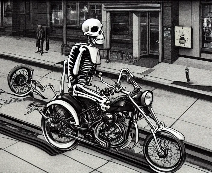 Image similar to a very detailed painting of a skeleton wearing a suit, riding a motorbike down a street, harley davidson motorbike, worm's - eye view, very fine brush strokes, very aesthetic, very futuristic, in the style of edward hopper and grant wood and syd mead, 4 k,