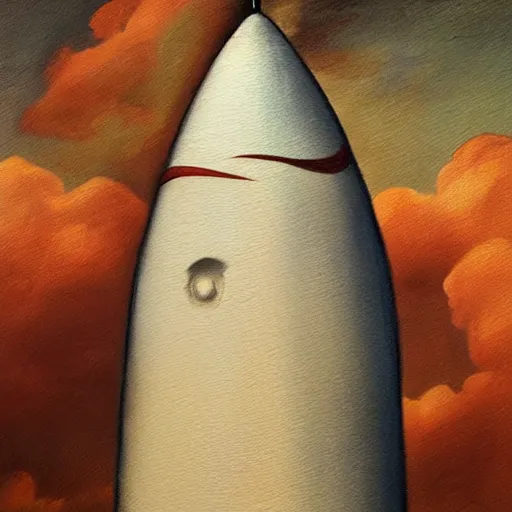 Image similar to romanticism painting of a rocket with a human face