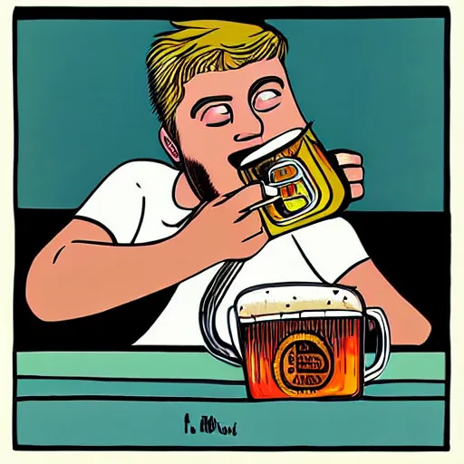 Prompt: Guy who drink beer while watching TV, junk foods, by Philippe Vuillemin