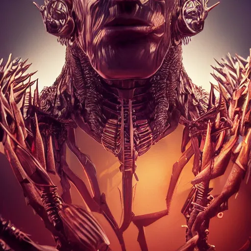 Prompt: highly detailed vladimir putin with multiple eyes and spikes, limbs by alex gray, android jones, karol bak, ayami kojima, artgerm, concept art, sharp angles, robot, 3 d, octane render, 8 k, unreal engine