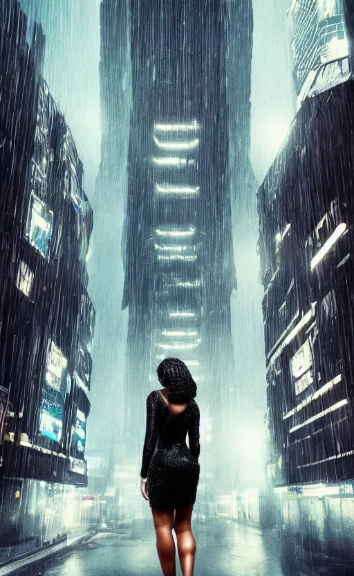 Prompt: “elegant Black woman in dress and heels with her back to us, looking at a futuristic Blade Runner city” 8K