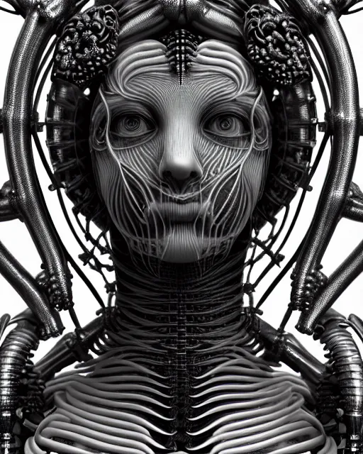 Image similar to mythical black and white organic bio-mechanical spinal ribbed profile face portrait detail of mechanical beautiful female angelic-vegetal-cyborg, highly detailed, intricate steampunk ornate, poetic, 3D render, digital art, octane render, 8K artistic photography, photo-realistic, by Dora Maar