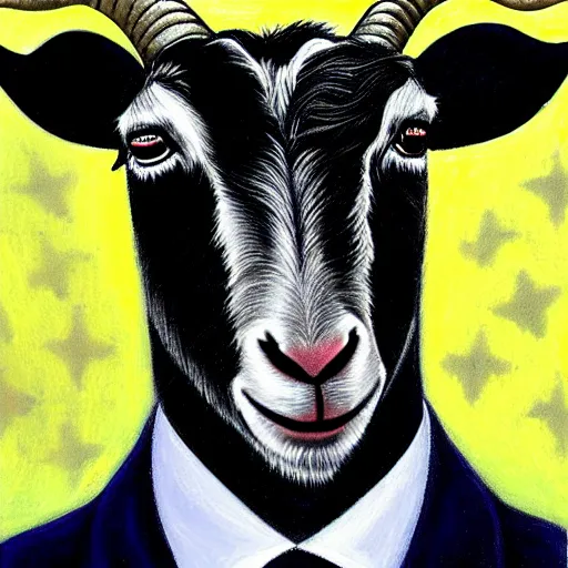 Image similar to detailed portrait of vladimir putin in the form of a goat with a pentagram on the background