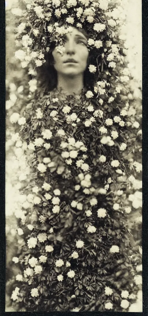 Image similar to portrait of a beautiful woman covered in flowers, Forest, ray gods, 1910 polaroid photography