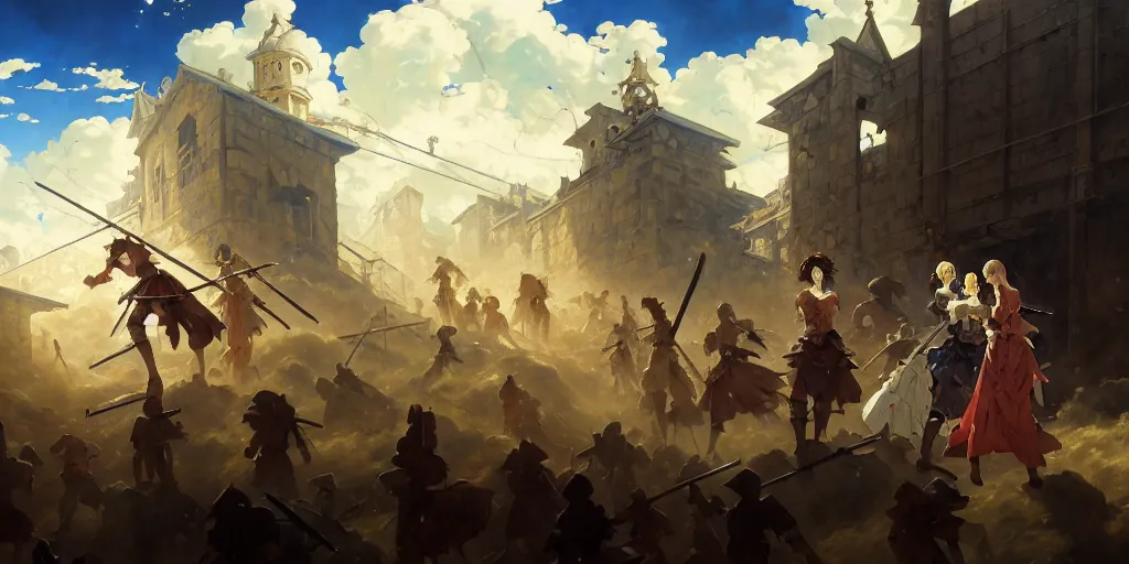 Image similar to baroque oil painting, anime key visual environment concept art, anime maids fighting a crusade in jerusalem, brutalist dark fantasy, trending pixiv fanbox, rule of thirds golden ratio, detail acrylic palette knife, illustrated by hayao miyazaki makoto shinkai jamie wyeth greg rutkowski chiho aoshima