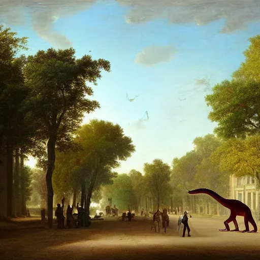 Prompt: 1750 street of Paris with Diplodocus and T-Rex, in the style of the Hudson River School