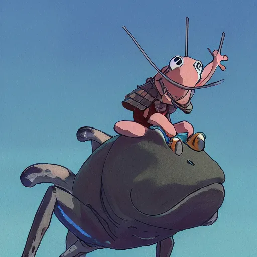 Prompt: A warrior frog riding a king beetle by Dice Tsutsumi, Makoto Shinkai, Studio Ghibli