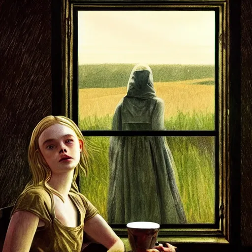 Prompt: Elle Fanning in the painted world of The Last of Us, head and shoulders masterpiece, apocalypse, golden hour, cosmic horror, artstation, in the style of Andrew Wyeth and Edward Hopper and Bosch, extremely detailed