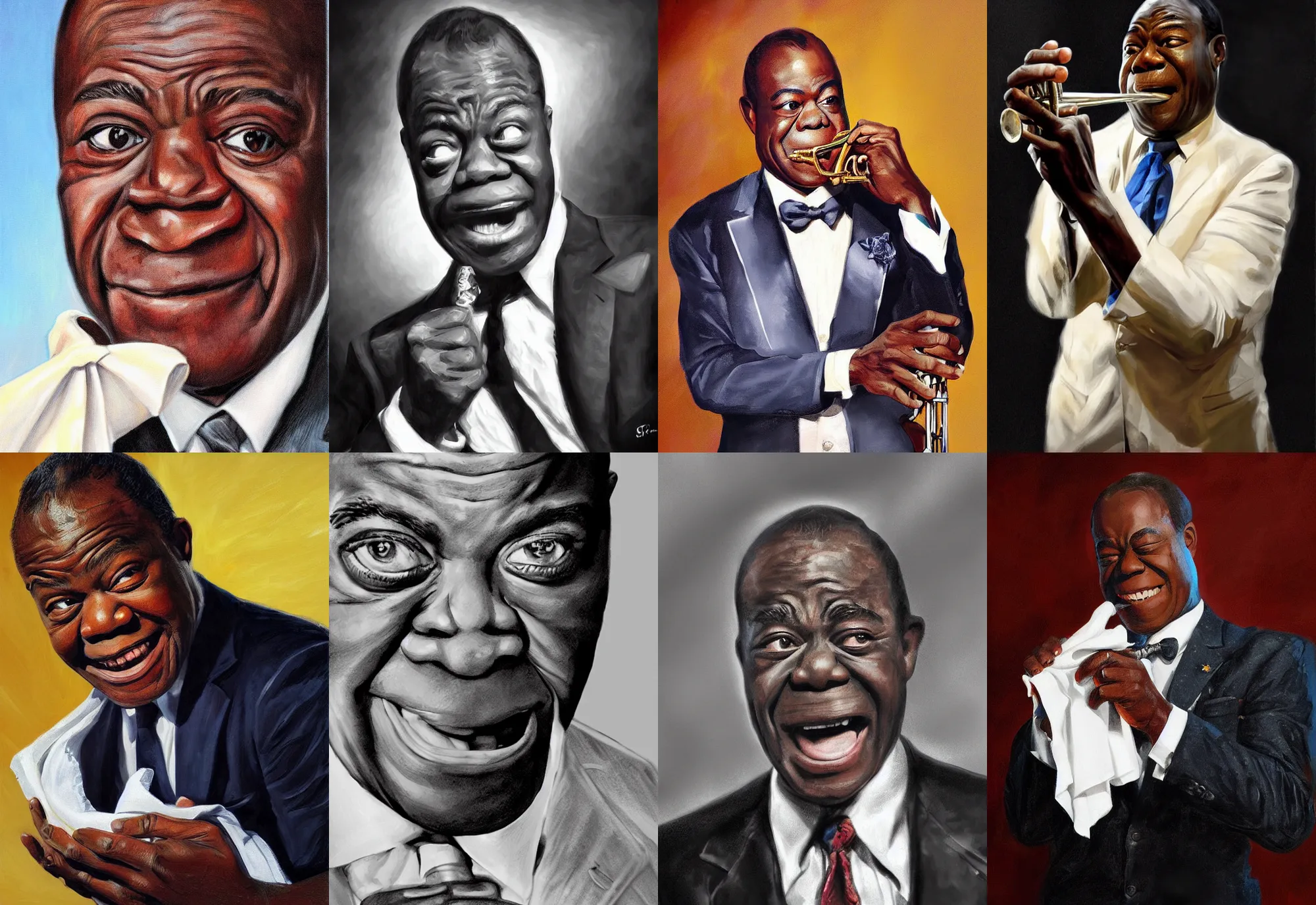 Image similar to a portrait of louis armstrong holding a white handkerchief, by tai - shan schierenberg, dramatic lighting, highly detailed digital painting