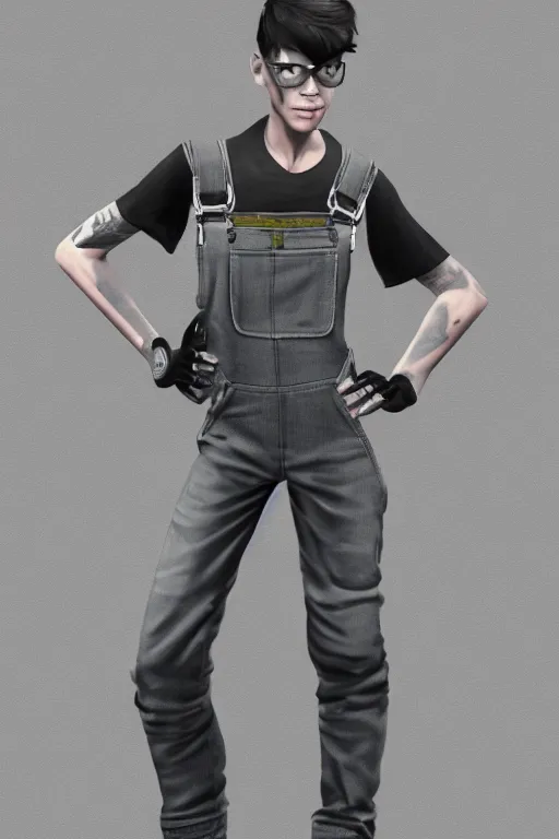 Image similar to an androgynous punk girl with short hair who is a mechanic wearing overalls, grey background, illustration, character concept design, trending on artstation