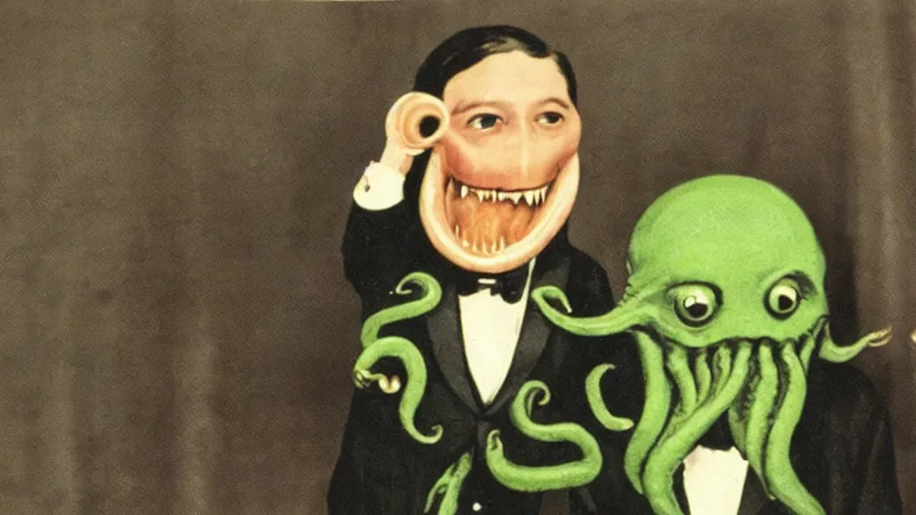 Prompt: a vintage color photograph of anthropomorphic cthulhu in a tuxedo at a fundraising in the white