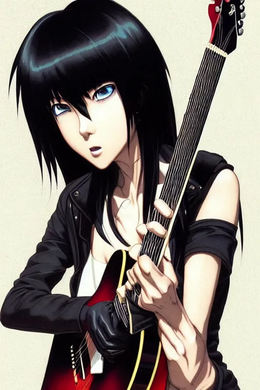 Image similar to wide view of a dark haired rock chick with guitar. Sharp fine face playing guitar, pretty face, realistic shaded Perfect face, fine details. Anime. by makoto sinkai, katsuhiro otomo ghost in the shell movie scene, magali villeneuve, artgerm, rutkowski