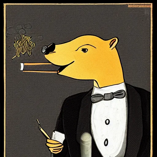 Image similar to a high detail photo of an antropomorphic capybara wearing a suit smoking a cigarrette, subject= duck, subject detail: wearing a suit, subject action: smoking a cigarrette photorealism