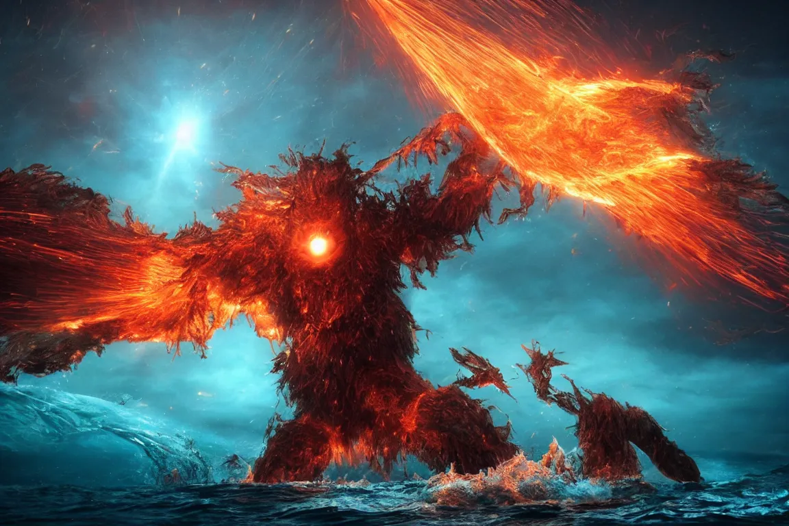 Image similar to colossal shaman god destroying very living thing in the ocean, made of lasers, cast across the night sky, 8 k, ultra realistic, lens flare, atmosphere, glow, detailed, intricate, full of colour, cinematic lighting, trending on artstation, 4 k, hyperrealistic, focused, extreme details, unreal engine 5, cinematic, masterpiece