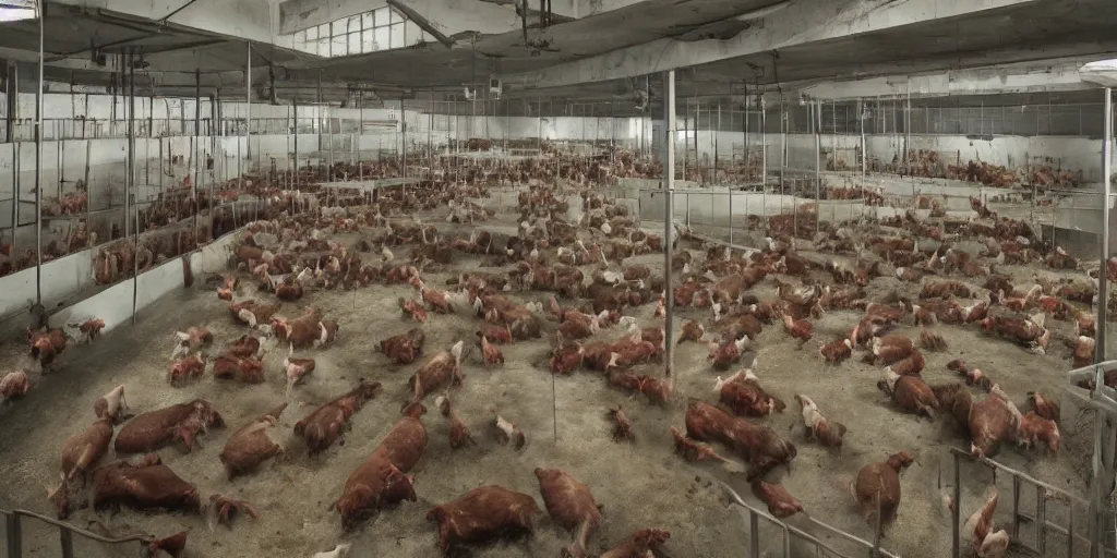 Prompt: inside a human slaughterhouse where the workers are farm animals, hyper detailed, photorealistic