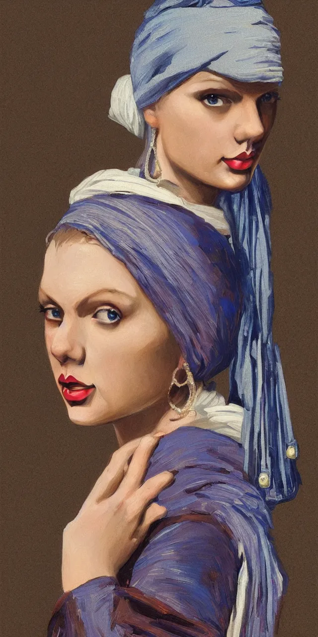 Image similar to Taylor Swift as the girl with the pearl earring, highly detailed, digital painting, artstation, concept art, smooth, sharp focus, illustration, ArtStation, art by artgerm and greg rutkowski and alphonse mucha and J. C. Leyendecker and Edmund Blair Leighton and Katsuhiro Otomo and Geof Darrow and Phil hale and Ashley wood and Ilya repin and Charlie Bowater