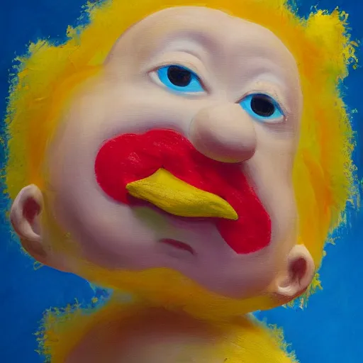 Image similar to impasto painting of a glowing kewpie doll that looks like Big Bird, painted in the style of Watteau with sad minion eyes, thick paint, visible brushstrokes, abstract elements