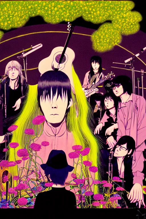 Prompt: the velvet underground and nico playing live on stage at a night club, beautiful stage decoration with flowers in the background, painting by hayao miyazaki, very detailed and colorful and toned down and ornamental and moody and cool and relaxed and high on drugs, trending on artstation, behance contest winner