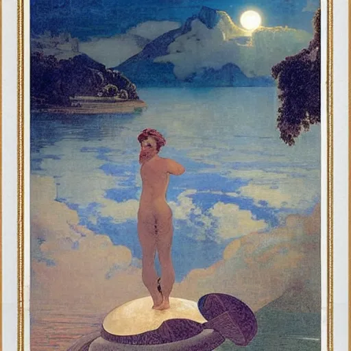 Prompt: The palace on the clouds, moon reflecting on the water, thunderstorm, greek pool, beach and Tropical vegetation on the background major arcana sky, by paul delaroche, alphonse mucha and arnold böcklin, hyperrealistic 8k, award-winning, very very very detailed