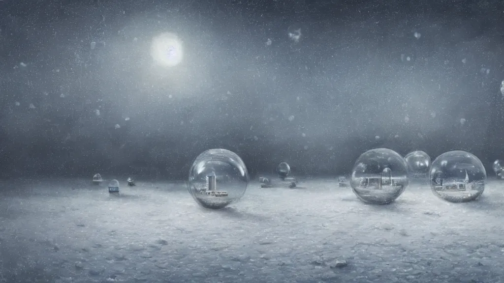 Image similar to a surreal dreamlike scene of transparent spheres containing miniature cities floating over a barren snowy landscape, somber melancholic matte painting, highly detailed oil painting, liminal space, 8k, stillness, solitude, icy cold pale silent atmosphere, masterpiece