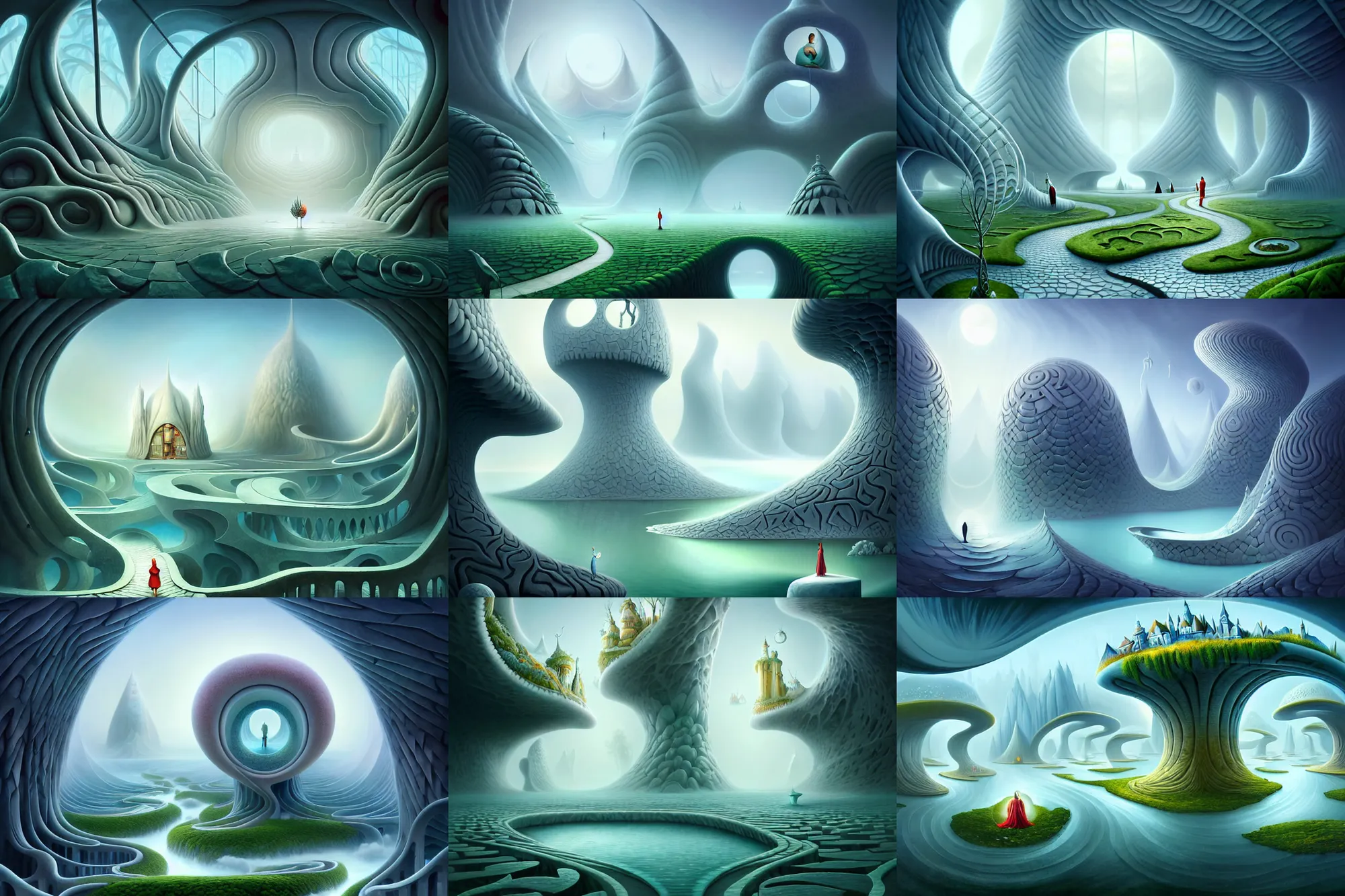 Prompt: a beguiling matte painting of an impossible path winding through arctic dream worlds with surreal architecture designed by heironymous bosch, structures inspired by heironymous bosch's garden of earthly delights, surreal ice interiors by cyril rolando and asher durand and natalie shau, insanely detailed, whimsical, intricate