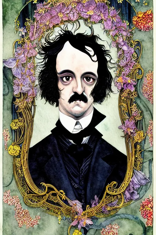 Image similar to realistic portrait of edgar allen poe in the center of an ornate floral frame, detailed art by kay nielsen and walter crane, illustration style, watercolor