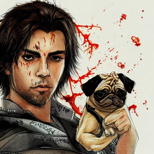 Image similar to self portrait, young white hispanic handsome man with short light brown hair and light skin and a 5 o clock shadow and holding a pug while fighting against 2 swordsmen pencil art, blood, added detail, high definiton, colored, backfacing, illustrated by yoji shinkawa