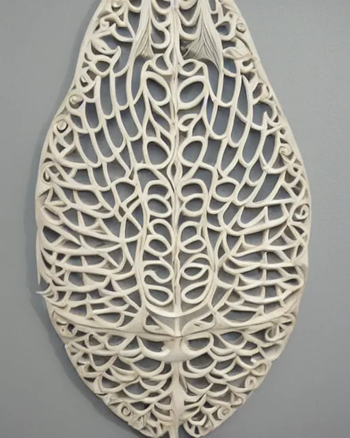 Image similar to wall craving filigree carved out of ivory about fishes fins scales