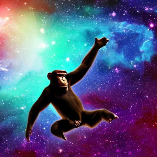 Image similar to a chimpanzee floating through outer space reaching out and touching nebula with it's finger, digital art, 8k