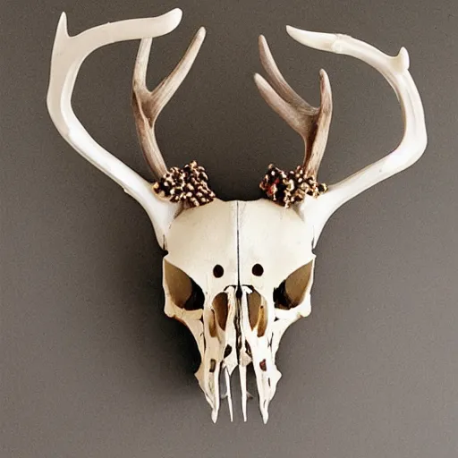 Image similar to macabre deer skull made with bones, dried skin and pearls made by Chris Haas