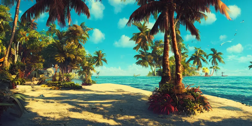 Image similar to the most beautiful tropical island, seashore, flowers, palmtrees, animals, bokeh, godrays, highly detailed, lowbrow, cinematic, artstation