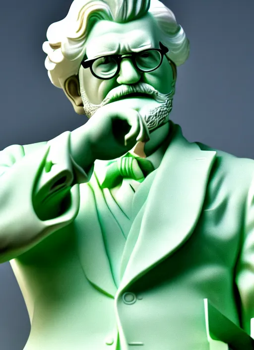 Image similar to colonel sanders as green marble statue by michaelangelo, high lights, 4 k, high detailed photography, 5 0 mm lens, depth of field, cinematic