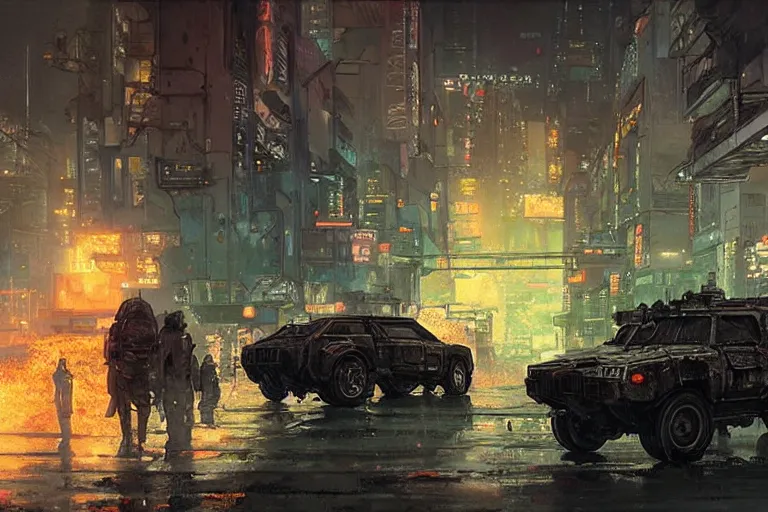 Prompt: cyberpunk humvee chased through burning city at night in rain by greg rutkowski makoto shinkai takashi takeuchi studio ghibli, akihiko yoshida