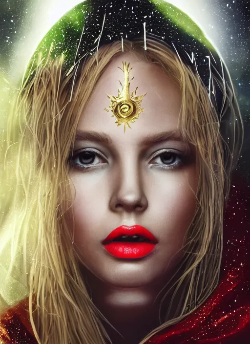 Image similar to glowing silver and golden elements, full close-up portrait, young woman with magical eyes, red lipstick, blonde hair, hood, as a dark witch in front of the full big moon, book cover, green forest, red white black colors, establishing shot, extremly high detail, foto realistic, cinematic lighting, pen and ink, intricate line drawings, by Yoshitaka Amano, Ruan Jia, Kentaro Miura, Artgerm, post processed, concept art, artstation, matte painting, style by eddie, raphael lacoste, alex ross