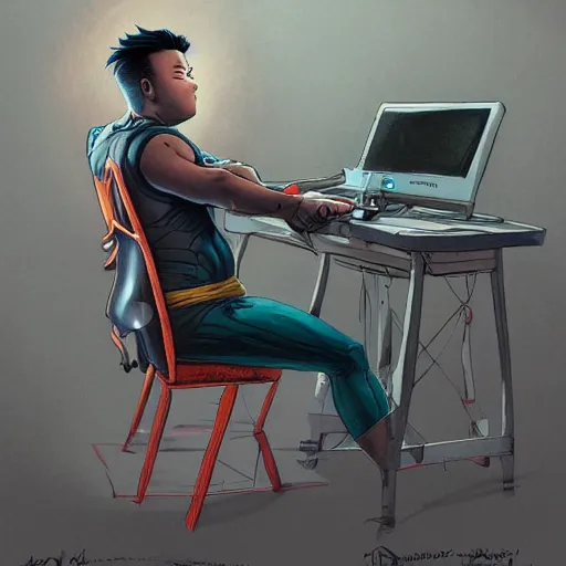 Image similar to a insanely detailed painting of a thick asian man wearing a homemade superhero costumed, sitting at a computer desk typing on the keyboard, in the style of peter mohrbacher, dramatic lighting and composition, trending on artstation, concept art, comic book, graphic novel