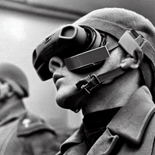 Prompt: photograph of a soviet soldier with a soviet virtual reality headset, russia, 1 9 7 6, hyper detailed