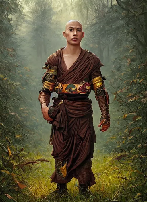 Image similar to a portrait painting of a male monk fighter wearing leather armor on a beautiful lush forest meadow, morning, art by Tristan Eaton, Stanley Artgerm, Tom Bagshaw, Greg Rutkowski, Carne Griffiths