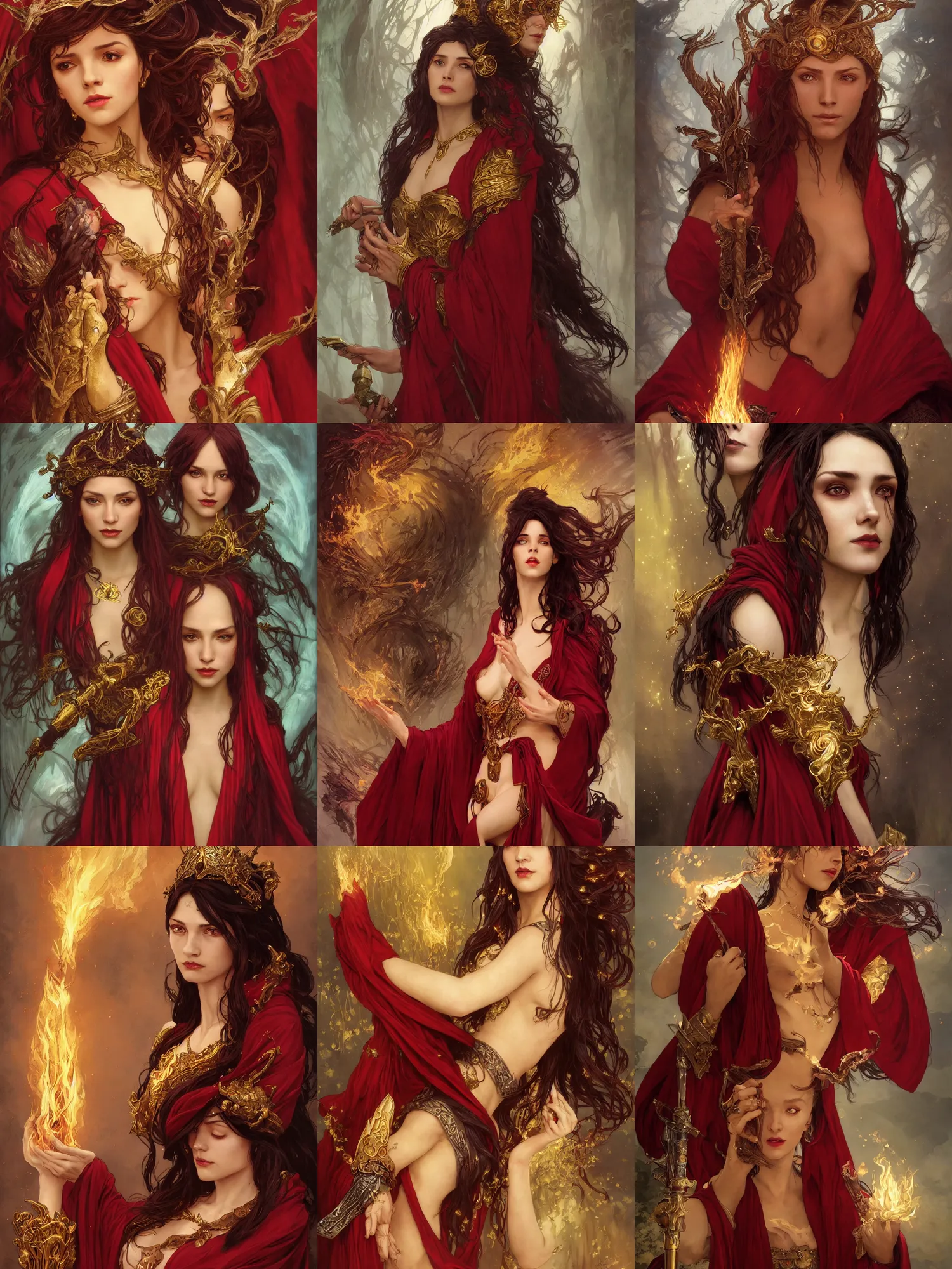 Prompt: Portrait of a beautiful sorceress, solo character!!, dnd, d&d, Red robes, golden accents, young, dark red hair, dark skin, fire eyes, floating, detailed face, highly detailed, high fantasy, matte painting, midjourney!, by Krenz Cushart and Artem Demura and alphonse mucha, artstation, HD, 4K