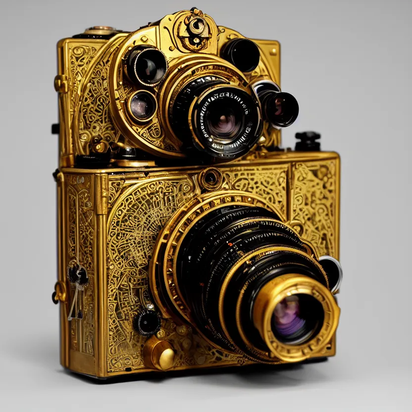 Prompt: photograph of a very beautiful steampunk medium format camera!. plain grey background. centered. highly detailed. gold. 5 0 mm lens. artstation, concept art, symmetry, smooth, sharp focus, art by john singer sargent and and mucha by theodore ralli and nasreddine dinet and anders zorn and nikolay makovsky and edwin long