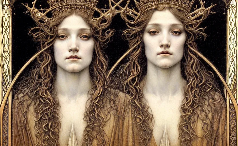 Image similar to detailed realistic beautiful young medieval queen face portrait by jean delville, gustave dore and marco mazzoni, art nouveau, symbolist, visionary, gothic, pre - raphaelite. horizontal symmetry