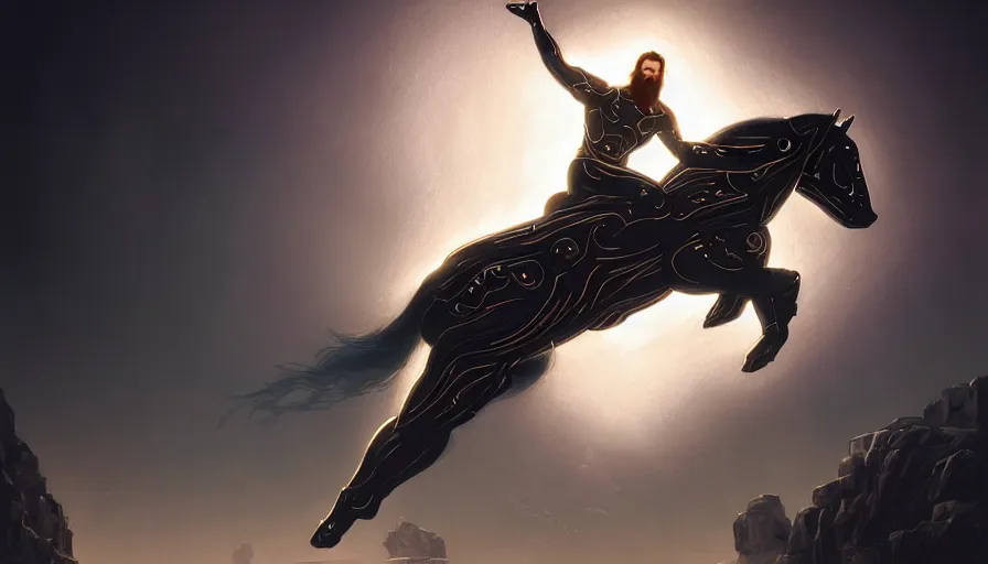 Image similar to tron legacy jesus riding cyborg horse, face, diffuse lighting, hyper realistic, concept art, intricate, hyper detailed, smooth, sharp focus, illustration, trending on artstation, art by greg rutkowski and james gurney and alphonse mucha