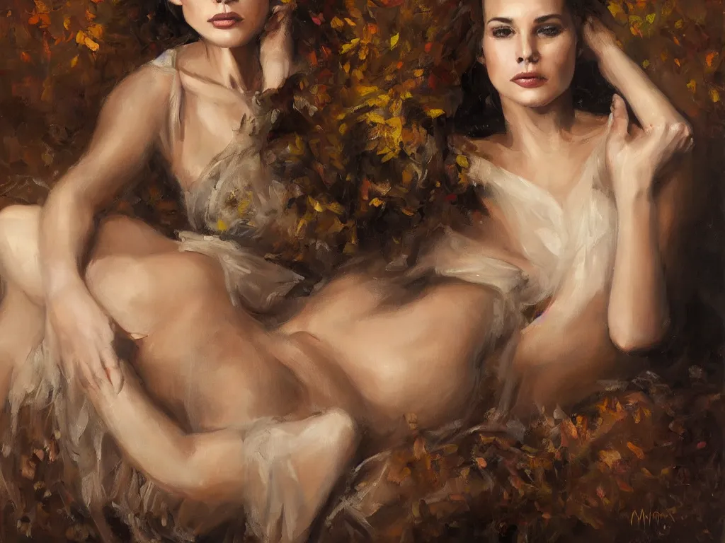 Image similar to an award winning portrait of a death of a young woman, in the theatre by mark arian, oil on canvas, masterpiece, realism, piercing gaze, autumn bokeh